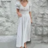 White Polka Dot Fit-and-Flare Midi Dress with Puff Sleeves