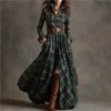Grid Print Fit-and-Flare Shirt Maxi Dress with Long Sleeves