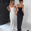 Black Ruched Backless Bodycon Maxi Dress with Spaghetti Straps