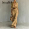 Khaki Women's V-Neck Shirt Maxi Dress – Long Sleeve Style