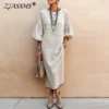 Beige Loose Midi Dress with Lantern Sleeves and Pockets