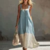 Women’s Color Block Tiered Maxi Sundress – Flowy Spaghetti Strap