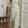 Floral Print A-Line Maxi Dress with V-Neck and Short Sleeves