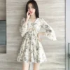 Floral A-Line Mini Dress with V-Neck and Butterfly Sleeves