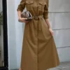 Collared A-Line Shirt Long Dress with Belt and Front Pockets