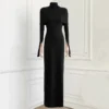 Y2K Slim-Fit Long Dress with Scarf Collar & Full Sleeves