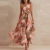 Ankle-Length A-Line Dress with Digital Print and Asymmetric Neckline