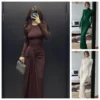 Turtleneck Long-Sleeve Bodycon Maxi Dress with High Split