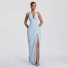 Halter Deep V-Neck Ruched Slit Maxi Dress for Women