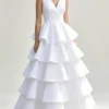 White Ruffle A-Line Maxi Dress with V-Neck and Empire Waist