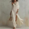 Sloping-Shoulder A-Line Maxi Dress with Long Sleeves