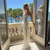 White Turtleneck Pleated Slit Maxi Dress with Draped Detail