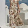 Floral Print Fit-and-Flare Maxi Dress with V-Neck and Batwing Sleeves