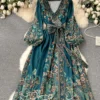 Teal Green Paisley Print Midi Dress with V-Neck and Flare Sleeves
