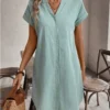 Casual V-Neck A-Line Mini Shirt Dress with Pockets and Short Sleeves