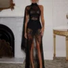 Black Sheer Lace High-Neck Backless Maxi Dress with Side Split