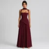 Brown Burgundy Strapless Maxi Dress with Lace-Up Closure