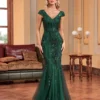 Sequin Mermaid Evening Gown with V-Neck and Sweep Train