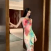 Women's Y2K Bird Floral Print Slim Mid-Calf Sheath Dress