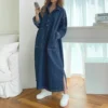 A-Line Mid-Calf Dress with Turn-Down Collar & Full Sleeves