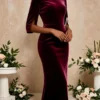 Burgundy Velvet Ankle-Length A-Line Dress with Round Neck & Petal Sleeves