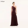Burgundy Satin One-Shoulder A-Line Evening Gown with Draped Detail