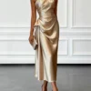 Slanted-Neck Straight Midi Dress with Draped Detail and Sleeveless Cut