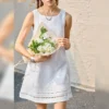 Sleeveless Linen A-Line Mini Dress with Lace Hem