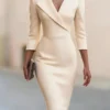 Notched V-Neck Pencil Midi Dress with Three-Quarter Sleeves