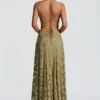 Spaghetti-Strap Lace Maxi Dress with 3D Floral Detail