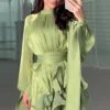 High-Neck A-Line Maxi Dress with Draped Detail and Half Sleeves