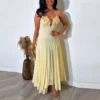 Pleated Backless V-Neck Mesh-Detail A-Line Maxi Dress