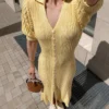 Women's Elegant Vintage Knit Long Dress – V-Neck A-Line Style