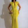 Ruched Bodycon Maxi Dress with Deep V-Neck