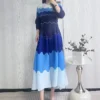 High-Stretch Pleated Patchwork A-Line Mid-Calf Dress with Long Sleeves