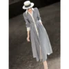 Striped A-Line Shirt Dress with Belted Waist and Turn-Down Collar