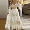 Plaid Lace A-Line Maxi Dress with V-Neck and Full Sleeves