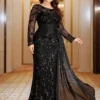 Plus Size Sequin Mermaid Evening Gown with Full Sleeves