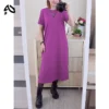 Cotton Mid-Calf T-Shirt Dress with O-Neck and Short Sleeves