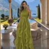 Olive Green Chiffon Halter Prom Dress with Tiered Ruffles