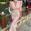 Women's Elegant Printed Long Dress – Slim A-Line Office Style