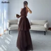 Brown Tulle Halter A-Line Prom Gown with Tiered Layers