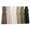 Satin Halter A-Line Midi Dress with Pleated Detail