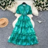Floral Chiffon Mid-Calf A-Line Dress with Stand Collar