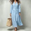 Ankle-Length Maxi Shirt Dress with Lapel Collar and Pockets