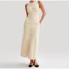 Women's Sleeveless A-Line Mid-Calf Dress – O-Neck Button Detail