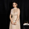 Pleated A-Line Formal Dress with Turtleneck and Empire Waist