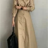 Khaki Women's Puff-Sleeve Shirt Maxi Dress – Turn-Down Collar