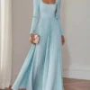 Square-Neck Long-Sleeve Pleated A-Line Maxi Dress
