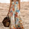 Floral Print A-Line Maxi Dress with Spaghetti Straps